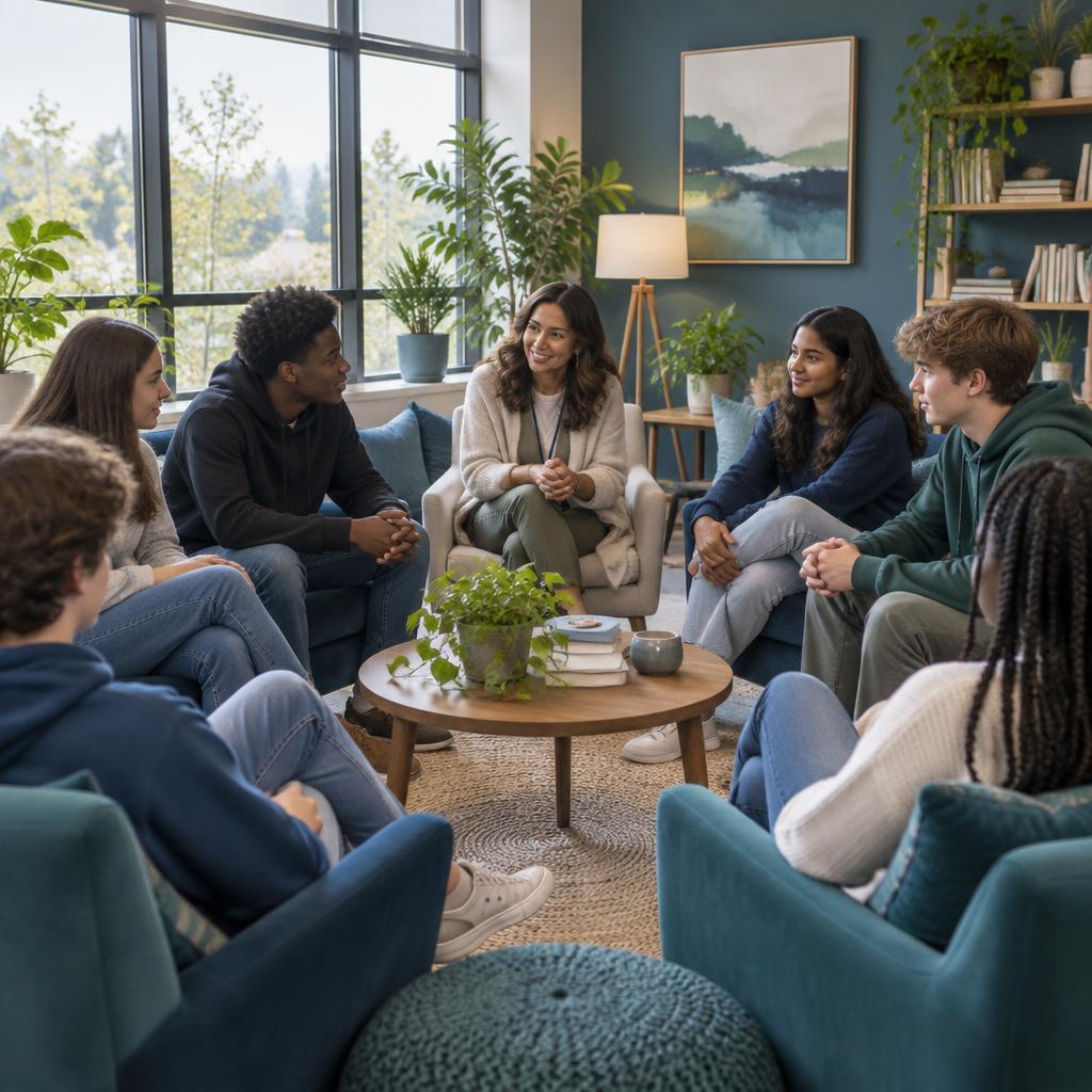 Teens in a supportive group therapy session in a bright, modern room