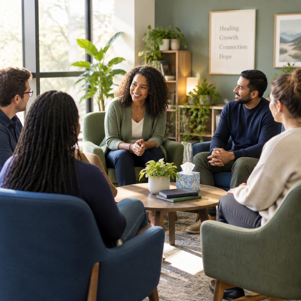 Adults in a supportive group therapy session in a bright, modern room
