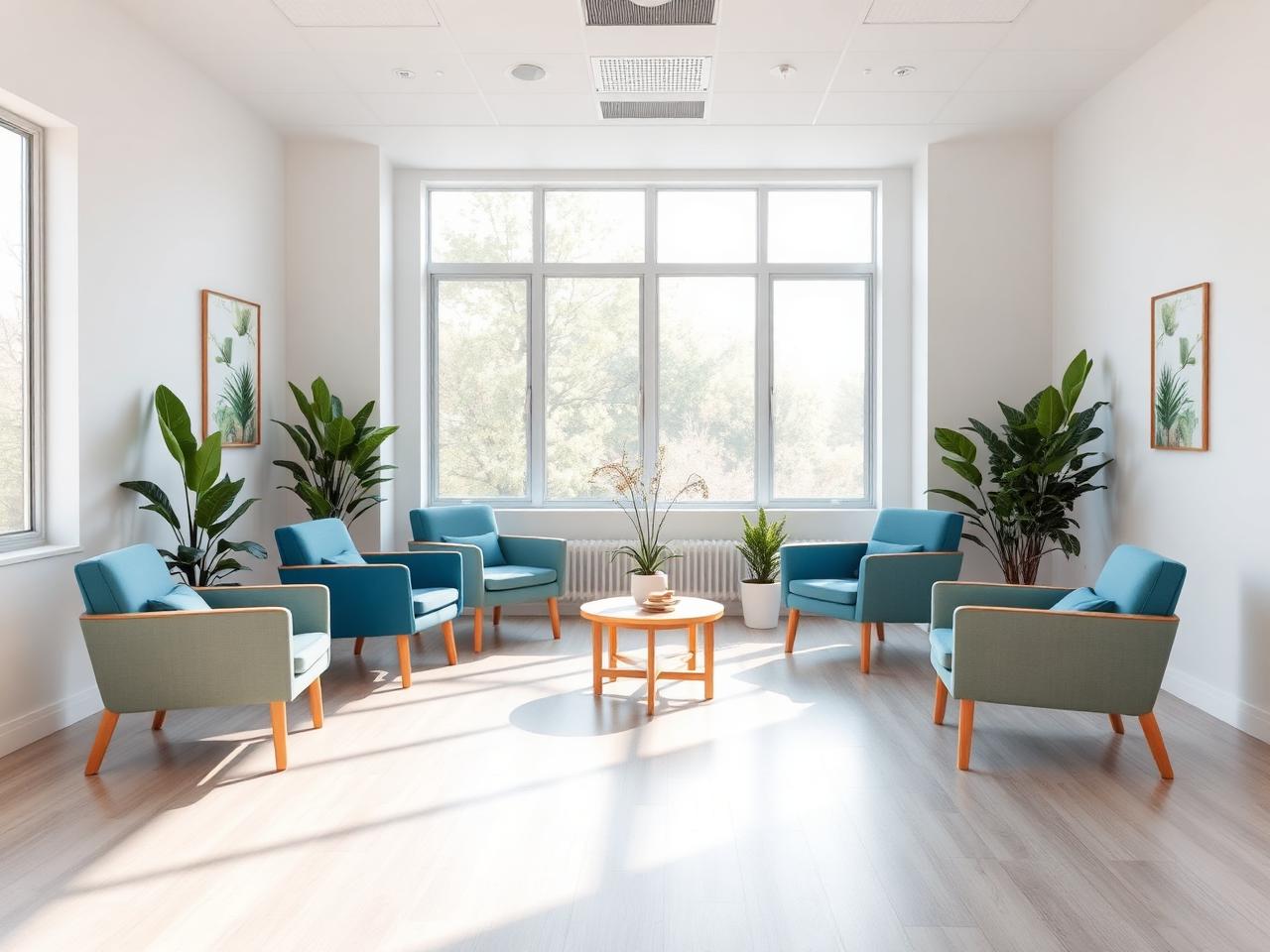 Bright, modern group therapy room with comfortable seating
