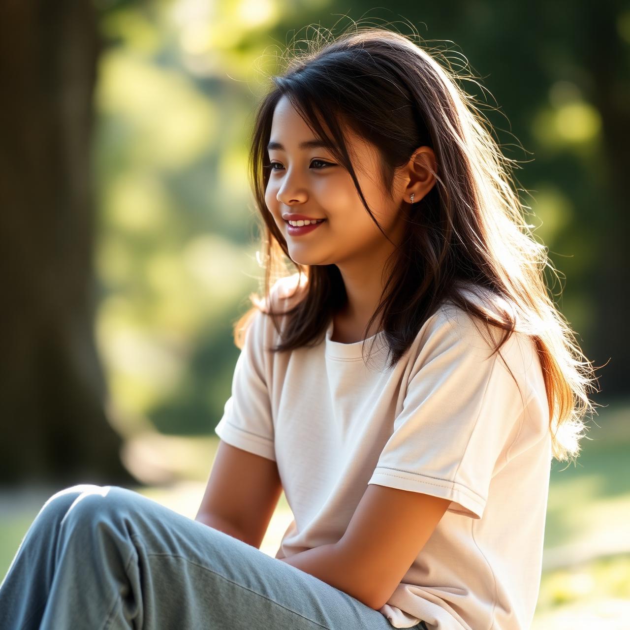 A hopeful teen sitting outdoors in soft natural light